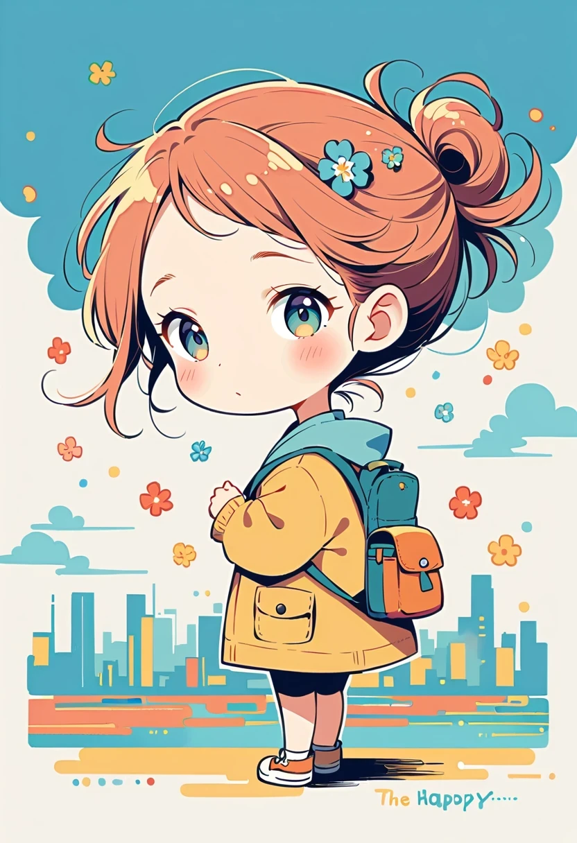 Stand on the rooftop,Girl with backpack on rooftop,The backpack is filled with happy spring,Simple lines,Minimalism,abstraction,City background