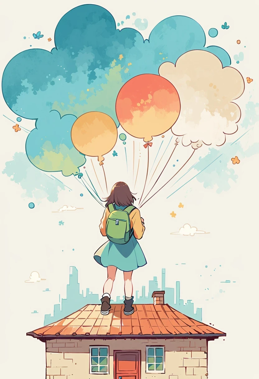 Stand on the rooftop,Girl with backpack on rooftop,The backpack is filled with happy spring,Simple lines,Minimalism,abstraction,City background