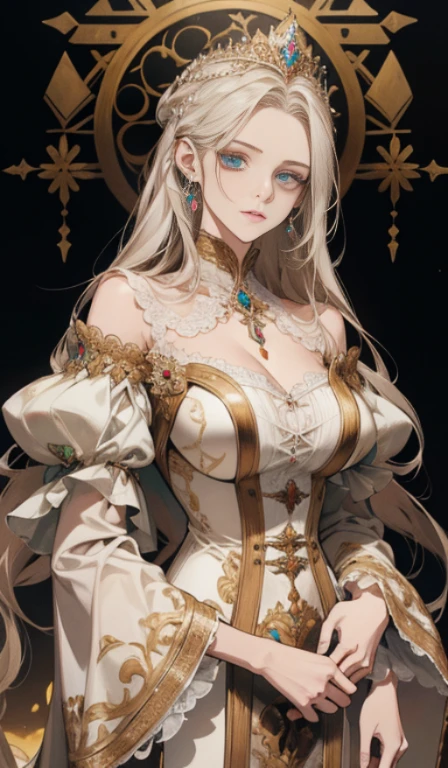 fantasia, 19th-century, empress, mulher, rosto delicado, cabelo loiro claro, olhos azuis, em um vestido real branco com ombros abertos, gold patterns on fabric, crystal jewelry, com uma fita escarlate no ombro com os trajes do monarca, Gothic castle made of white stone in the background, luz, dia, High definition
