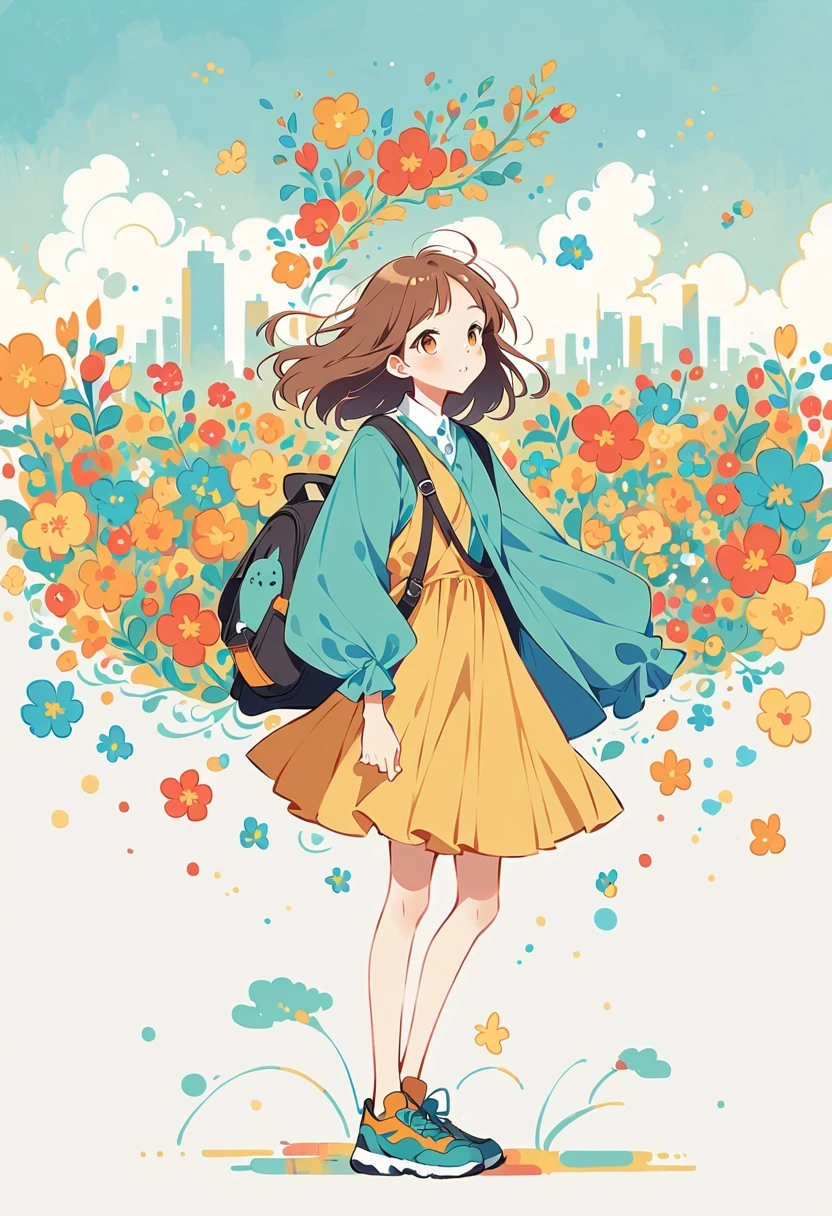 Stand on the rooftop，Girl with backpack on rooftop，The backpack is filled with happy spring，Simple lines，Minimalism，abstraction，City background