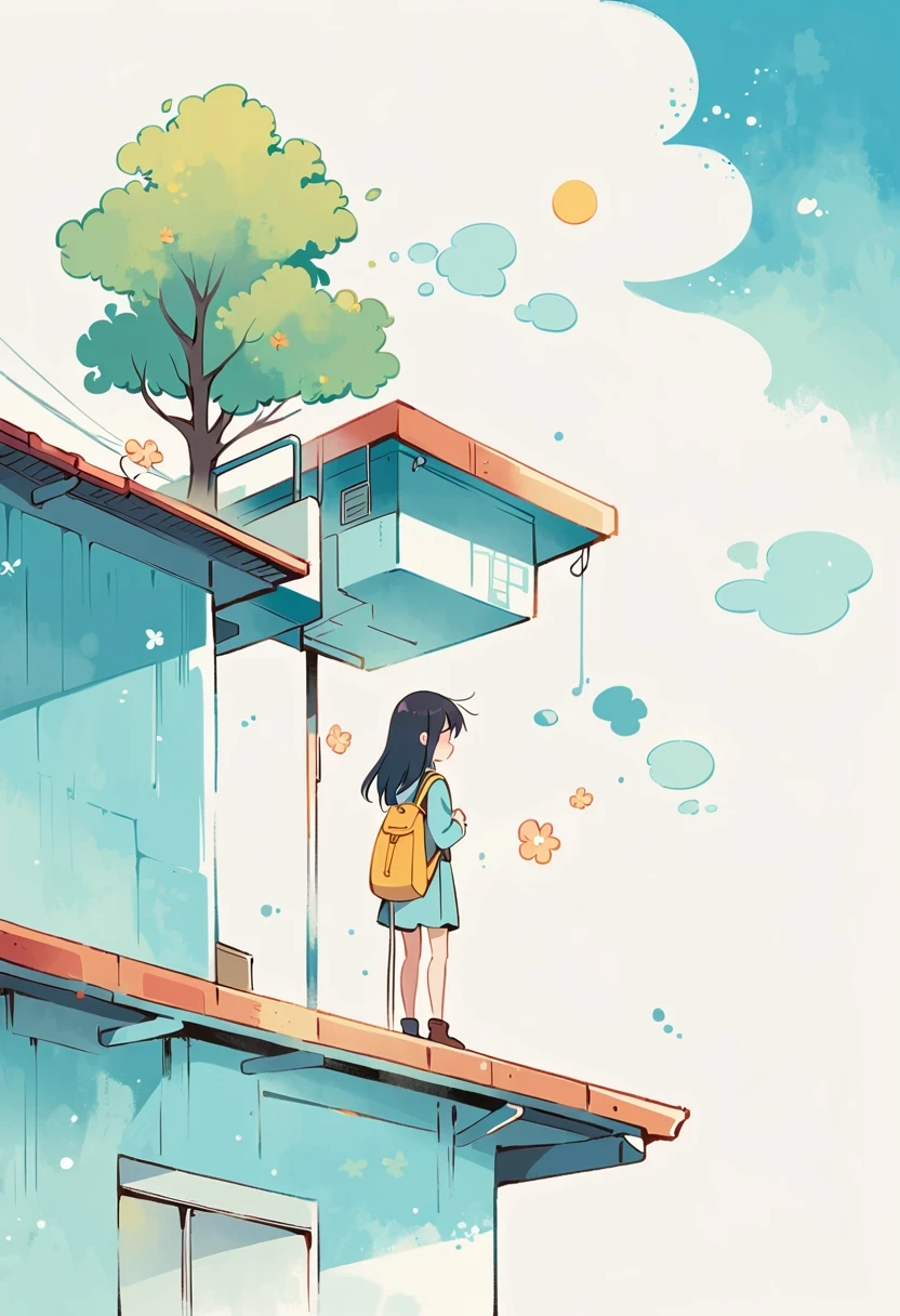 Stand on the rooftop，Girl with backpack on rooftop，The backpack is filled with happy spring，Simple lines，Minimalism，abstraction，City background