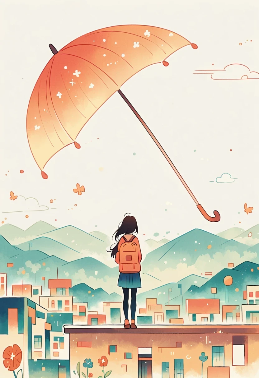 Stand on the rooftop,Girl with backpack on rooftop,The backpack is filled with happy spring,Simple lines,Minimalism,abstraction,City background