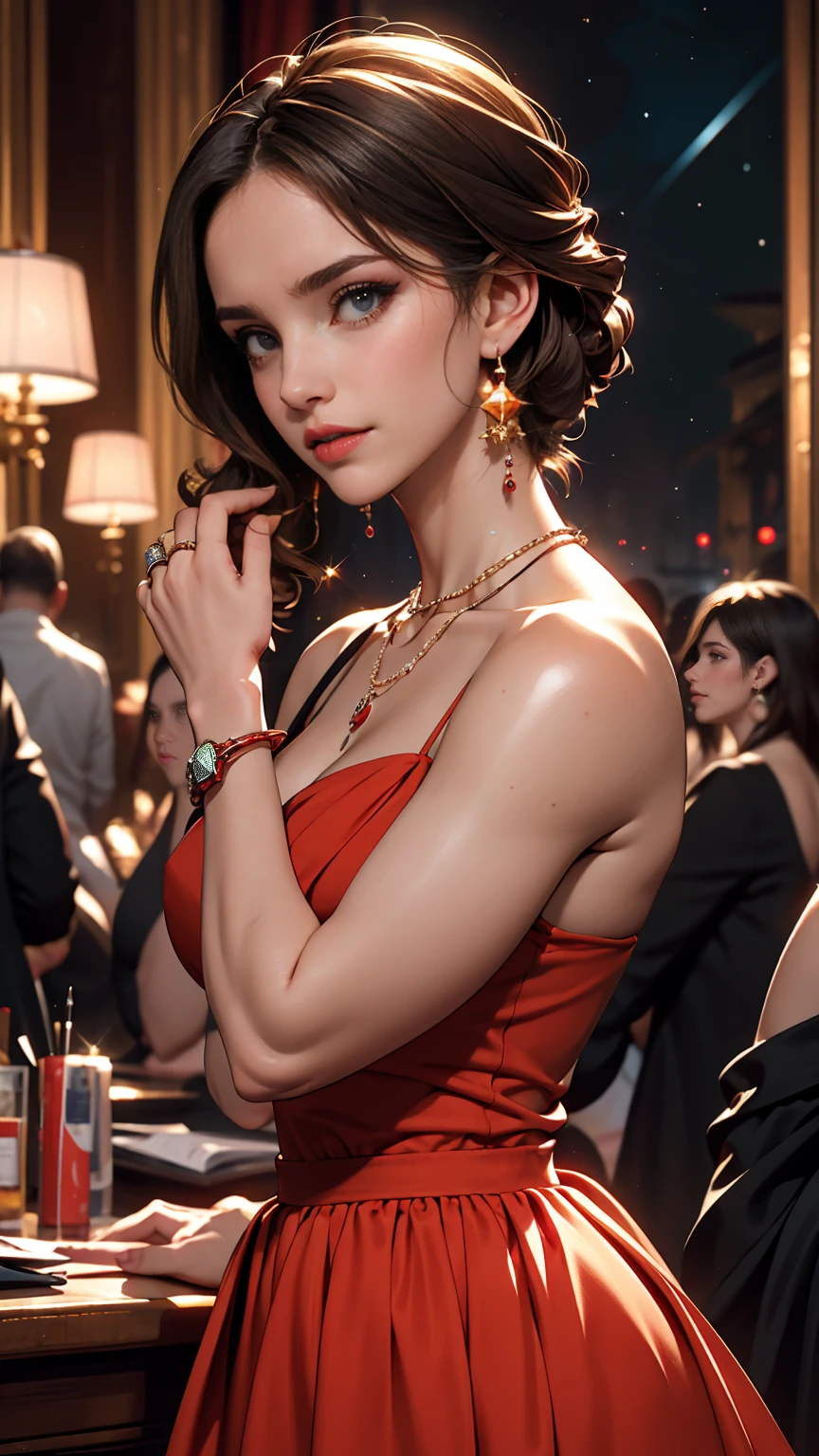 head on, portrait, close up ((1 woman, alone, sexy, by rubio, short hair, ostentatious hairstyle, Seductive makeup, thick lips, amber eyes, diamond earrings, millionaire.)) (( she is in a casino rolling the lucky dice.)) ((she is dressed with: a very low-cut dress, tight and sensual, red)). she is behind a casino table rolling dice, Focused gaze, security expression. ((At night, light particles, casino light)) ((casino landscape, las vegas luxury casino, large columns with golden decorations, betting tables, illuminated, casino light, luminescent.)) ((realist, fotorrealista:1.3), Masterpiece, extremely detailed pale body, depth of field, Maximum clarity and sharpness, Multilayer textures, portrait close up))