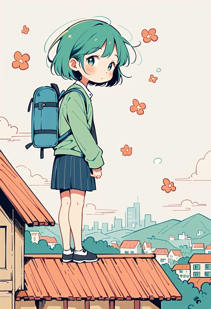 Stand on the rooftop,Girl with backpack on rooftop,The backpack is filled with happy spring,Simple lines,Minimalism,abstraction,City background