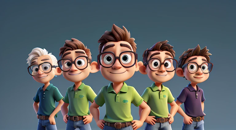 Wearing a green polo shirt、Wearing jeans、 60 years old、male、Company Manager、Wearing glasses、Angular face、kind、kind、Anime characters、comics、3D、3D illustration style、3D Rendering、3 heads、Plain background、
