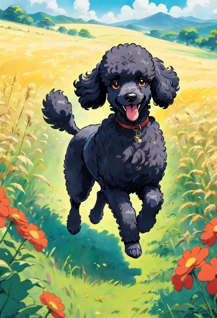 A black poodle running in a field