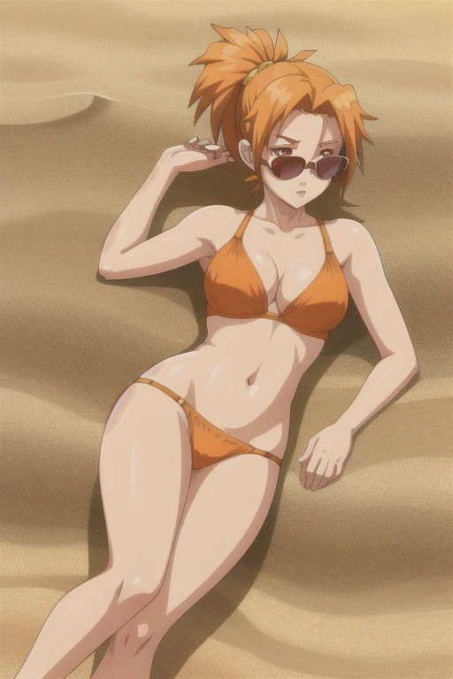 (Anime), (illustration), Cartoon, detailed,  Dvache,  hair ornament,  Sunglasses,  Orange flowing hair, orange eyes, short ponytail,  heart hair decoration , ponytail, in a bra, in a bikini, sexuality, lies on the sand, long legs