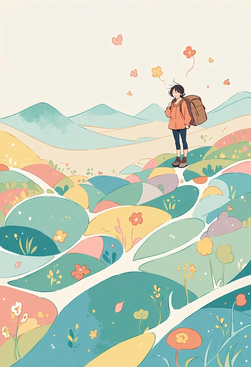 Stand on the rooftop,Girl with backpack on rooftop,The backpack is filled with happy spring,Simple lines,Minimalism,abstraction,City background