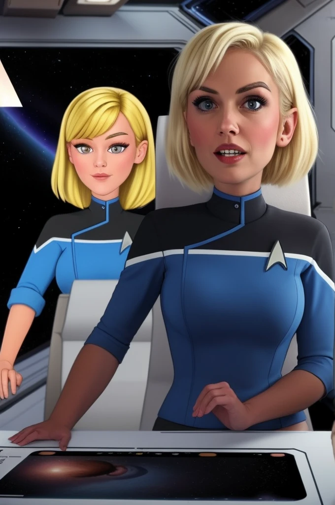 Woman in blue,on a spaceship,Short Blonde