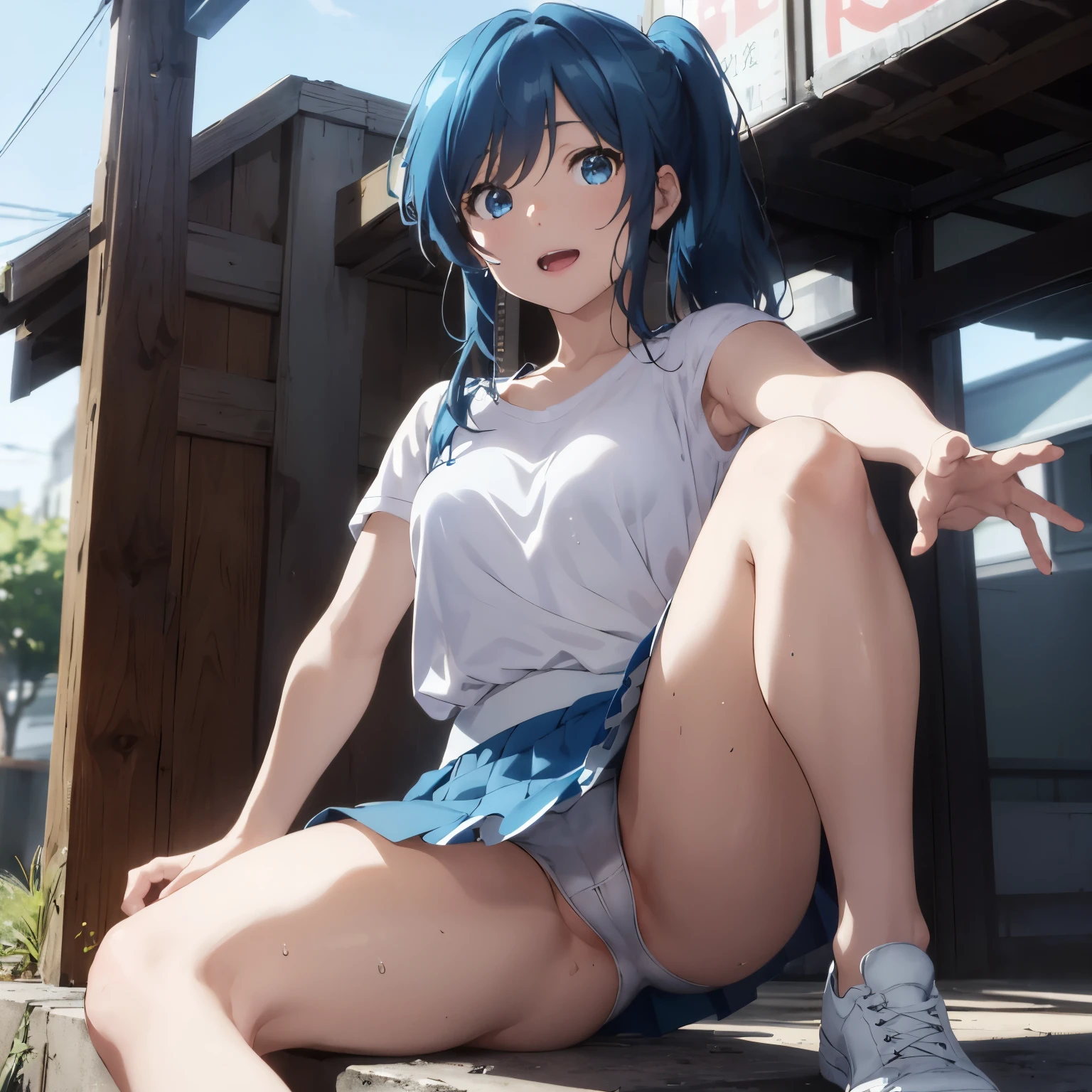 a matter of fact, daytime, sunlight, 1 woman, 8K resolution, ponytail, blue hair,  blue eyes, glowing eyes, white short skirt, Blush, track field, sunlight, Strapless shirt, Wet from the rain, seethrough, Sit with your knees raised, Spread your legs, M leg, pussy, laugh, the skirt is blowed up, highest quality, High resolution, highly detailed face, perfect lighting, Very detailed CG, (perfect hands, perfect anatomy), minami nanami, perfect figure, armpit