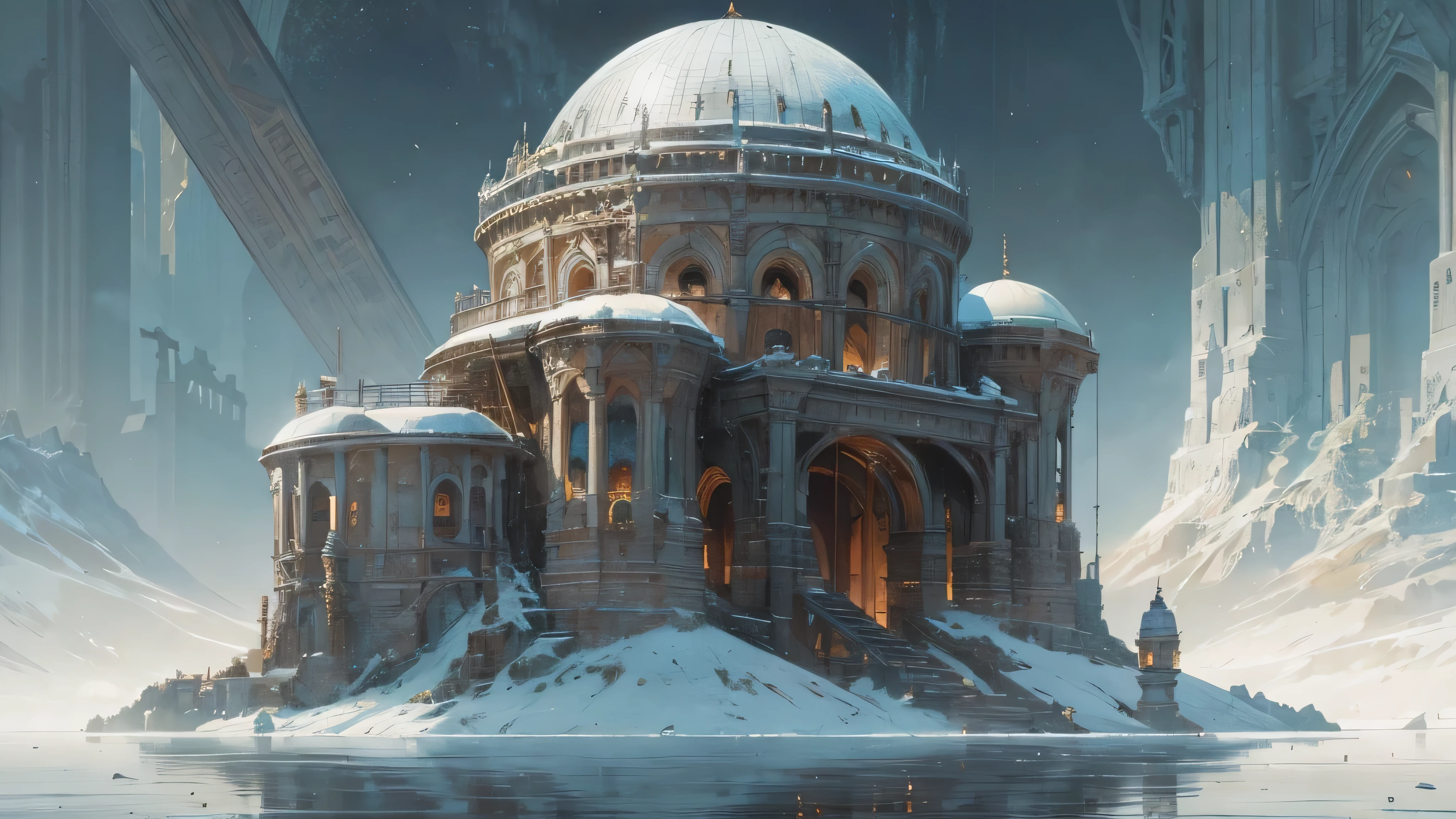 (by Greg Rutkowski: 1.2), (masterpiece), ((best quality)), extremely delicate and beautiful, illustration, (fantasy landscape), A mesmerizing fantasy with enchanting elements blending seamlessly. ((Celestial observatory buried deep underground,Ancient telescopes,Ancient Civilizations,Frost-covered building)), A sense of tranquility and wonder fills the air, inviting exploration and discovery. From Brian Froud and Carne Griffiths and Wadim Kashin and John William Waterhouse, 8K post-production, high resolution, hyperdetailed, depth of field, HDR, intricate