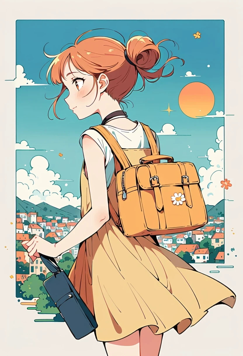 Stand on the rooftop，Girl with backpack on rooftop，The backpack is filled with happy spring，Simple lines，Minimalism，abstraction，City background
