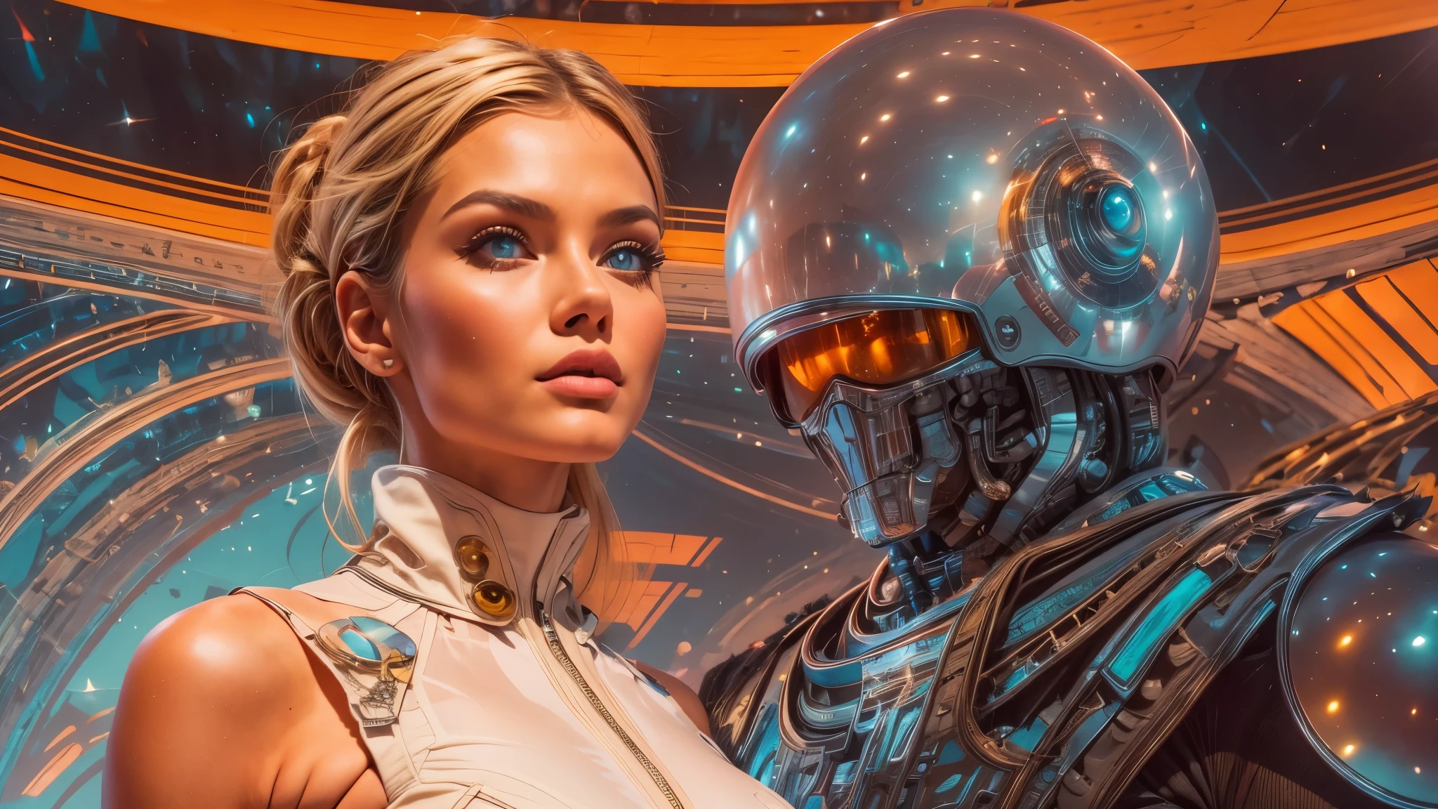 arafed image of a white woman in a futuristic suit with a spaceship in the background, movie art, in front of an orange background, inspired by Robert McGinnis, female protagonist, megastructure in the background, portrait of an ai astronaut, astronauts, an astronaut, portrait of a astronaut skeletor, perfect android girl, detailed eyes, perfectly detailed teeth, frank franzzeta and sakimichan  