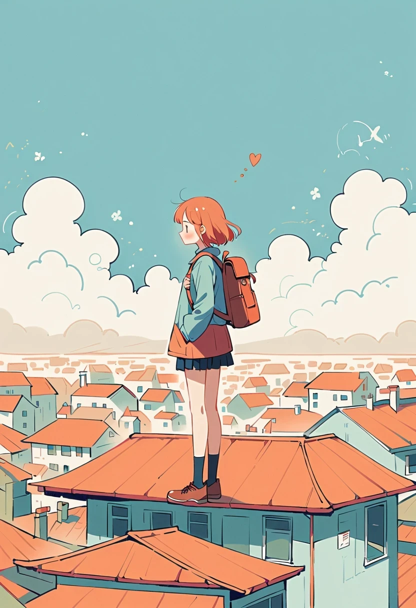 Stand on the rooftop，Girl with backpack on rooftop，The backpack is filled with happy spring，Simple lines，Minimalism，abstraction，City background