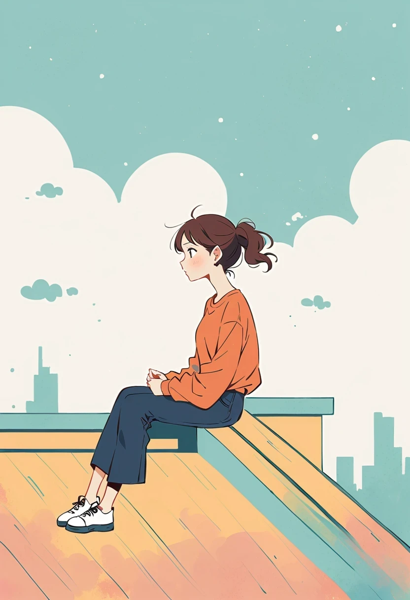 Stand on the rooftop,Girl on the rooftop,Simple lines,Minimalism,abstraction,City background