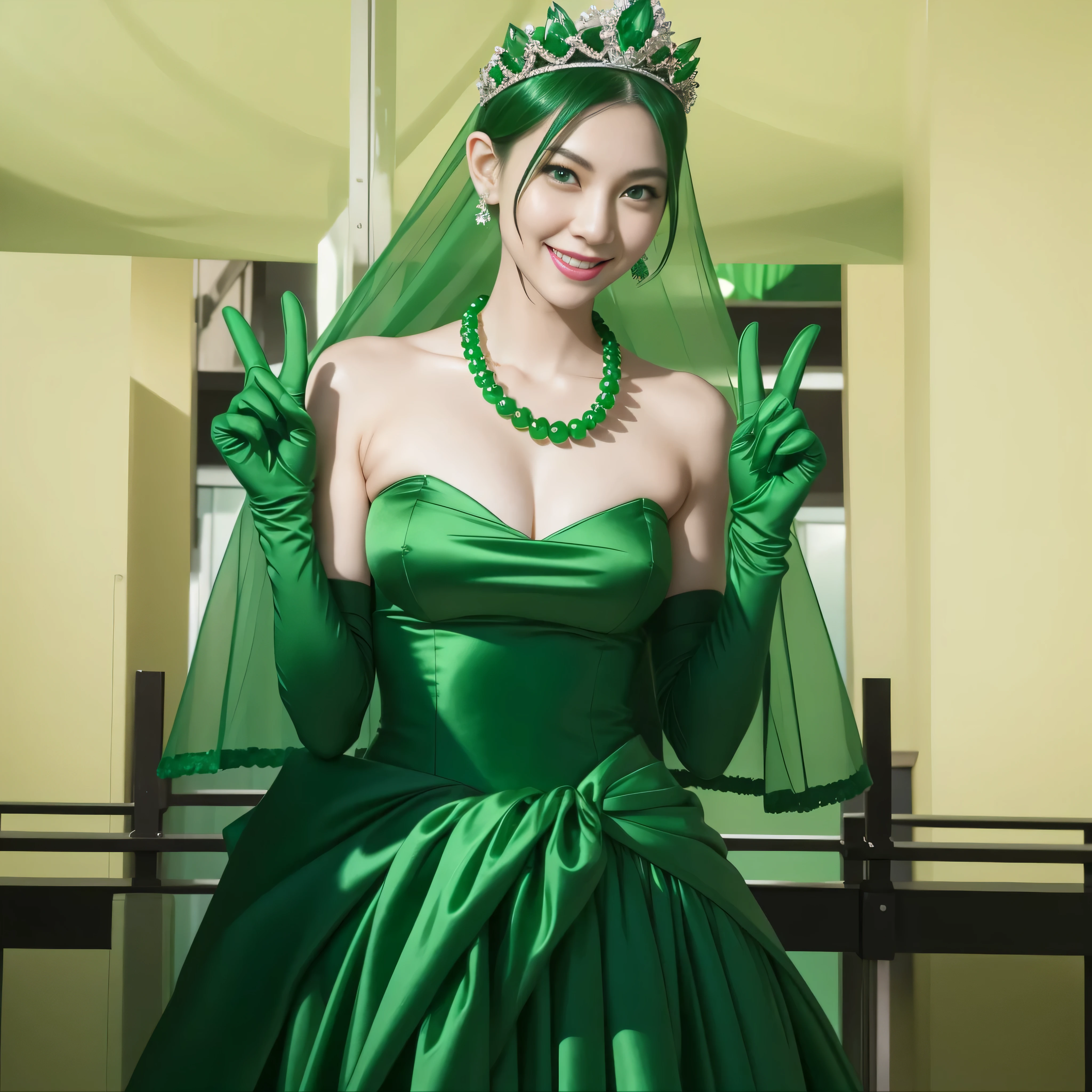 Emerald tiara, Green Pearl Necklace, Boyish very short green hair, lipstick, Smiling Japanese woman, Very short hair, big and beautiful, Green Eyes, Long green satin gloves, Green Eyes, v sign, emerald earrings, Green veil
