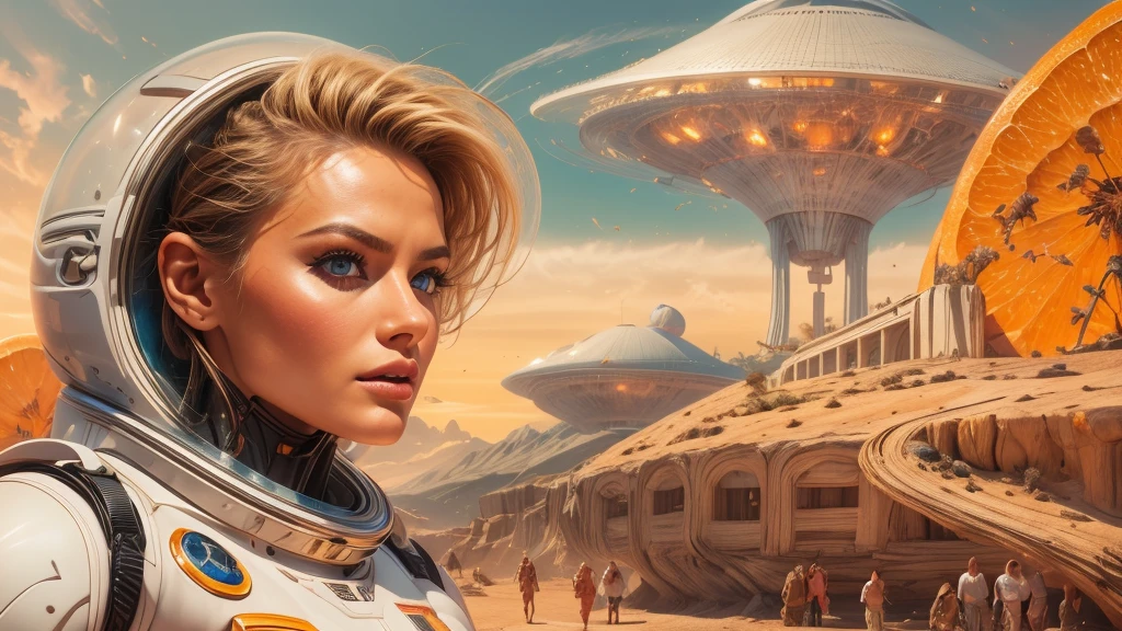 arafed image of a white woman in a futuristic suit with a spaceship in the background, movie art, in front of an orange background, inspired by Robert McGinnis, female protagonist, megastructure in the background, portrait of an ai astronaut, astronauts, an astronaut, portrait of a astronaut skeletor, perfect android girl, detailed eyes, perfectly detailed teeth, frank franzzeta and sakimichan