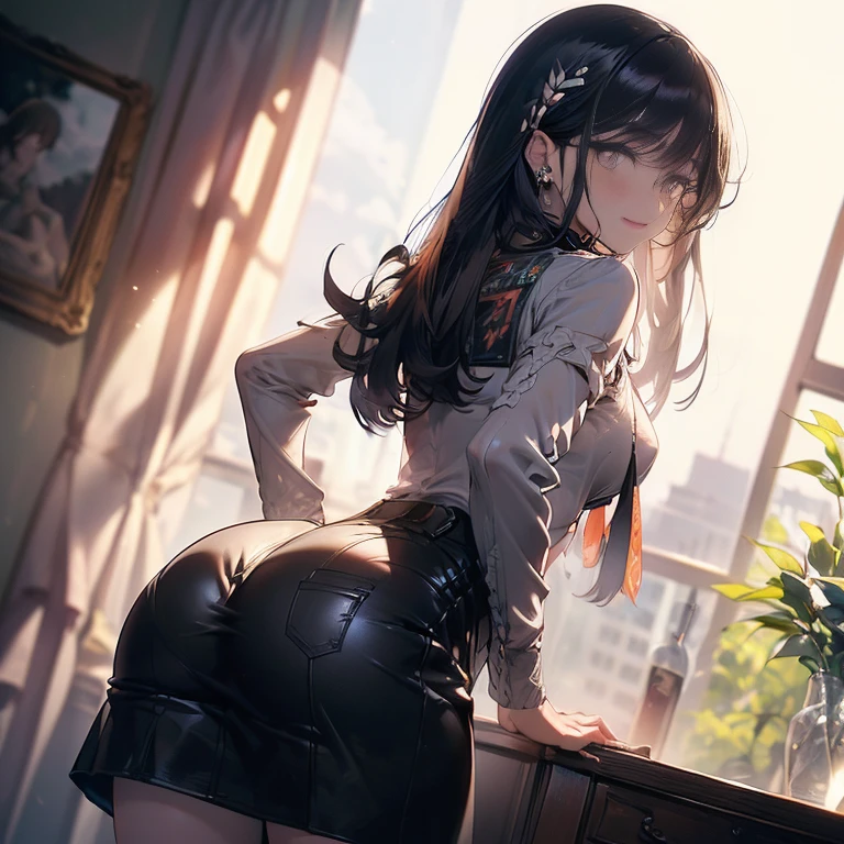 ((obra de arte, mais alta qualidade, high resolution, Ultra HD, pixel perfeito, Profundidade dos limites escritos, 4K, rtx, HDR))), 1 garota, solteiro, sozinho, Linda garota de anime, belo estilo de arte, personagem de anime, ((Cabelo longo, franja separada, cabelo loiro)), (olhos verdes:1.4, Olhos redondos, Beautiful eyelashes, realista eyes), (rosto detalhado, corar:1.2), (Textura suave:0.75, realista texture:0.65, realista:1.1, estilo CG de anime), ((medium breasts)),, corpo perfeito, (gravata borboleta vermelha, , Jaqueta preta, jaqueta aberta, brown cardigan, camisa branca), ((Saia preta:1.5, saia xadrez)), ((sorriso)), ((inclinando-se para frente, put your hands behind your back)),erotic face、calcinha rosa、Low - Angle、view from behind