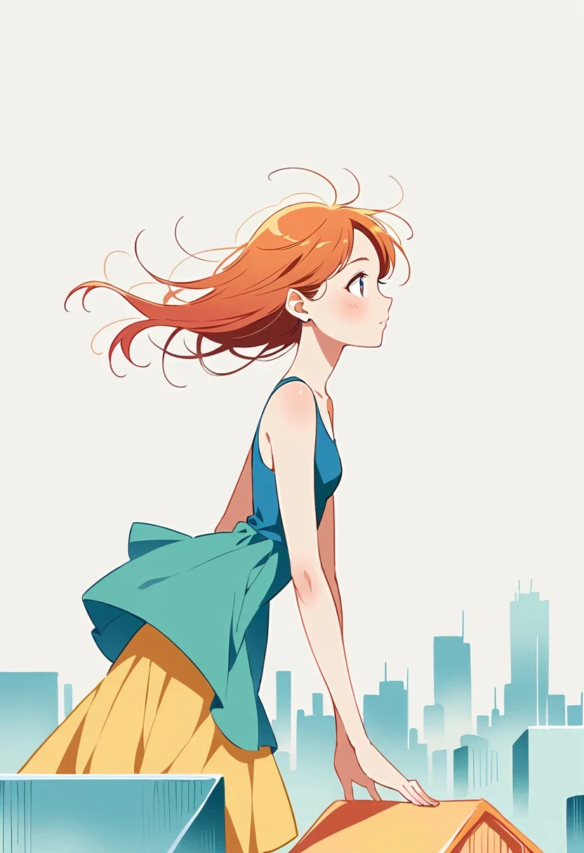 Stand on the rooftop,Girl on the rooftop,Simple lines,Minimalism,abstraction,City background