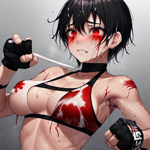 Covered in blood、A beautiful high school girl mixed martial artist covered in scars and a broken body。I think I'm going to lose the Octagon fight.、Fighting with tears。Out of stamina。Sad。Facial swelling。Bruised body。I'm soaked in sweat。Ripped and tattered sports bra and bikini、Open Finger Gloves。Erect nipples。Short black hair。