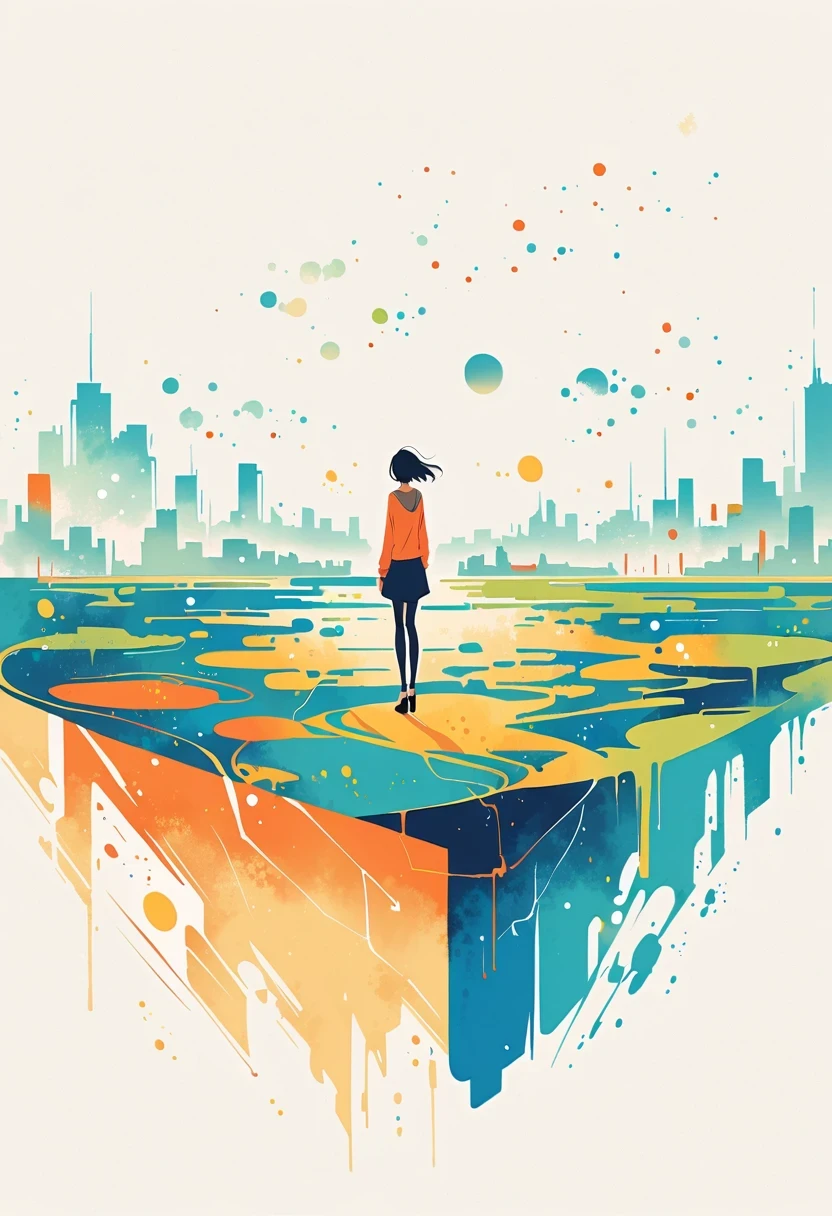 Stand on the rooftop,Girl on the rooftop,Simple lines,Minimalism,abstraction,City background
