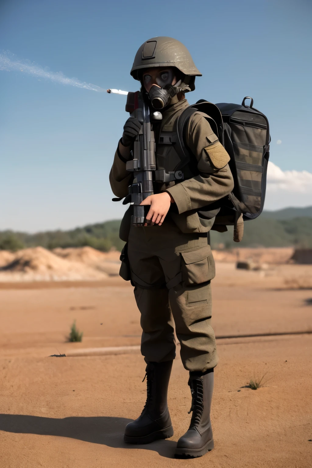 Full-length portrait of a soldier,Sideways,An unidentified World War I soldier,The soldier's feet must be generated wearing combat boots,Wearing a gas mask,Hands holding a plastic toy water gun,Look up at the sky at a 45-degree angle,The clothes are covered with blood and dirt,The ground around them was filled with dissolving monster corpses.。