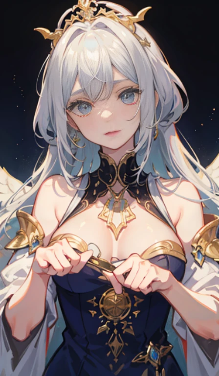 (Masterpiece:1.2), best quality, (illustration:1.2), (ultra-detailed), hyper details, (delicate detailed), (intricate details), (cinematic light, best quality Backlights), clear line, from below, soloist, perfect body, (1girl), white hair and , (crown: 1.1), sitting on the throne, eyes slightly closed, head down, (shy: 1.2 ), (makeup), high contrast, (best illumination, an extremely create and beautiful), (cinematic light), colorful, Naked, showing anus