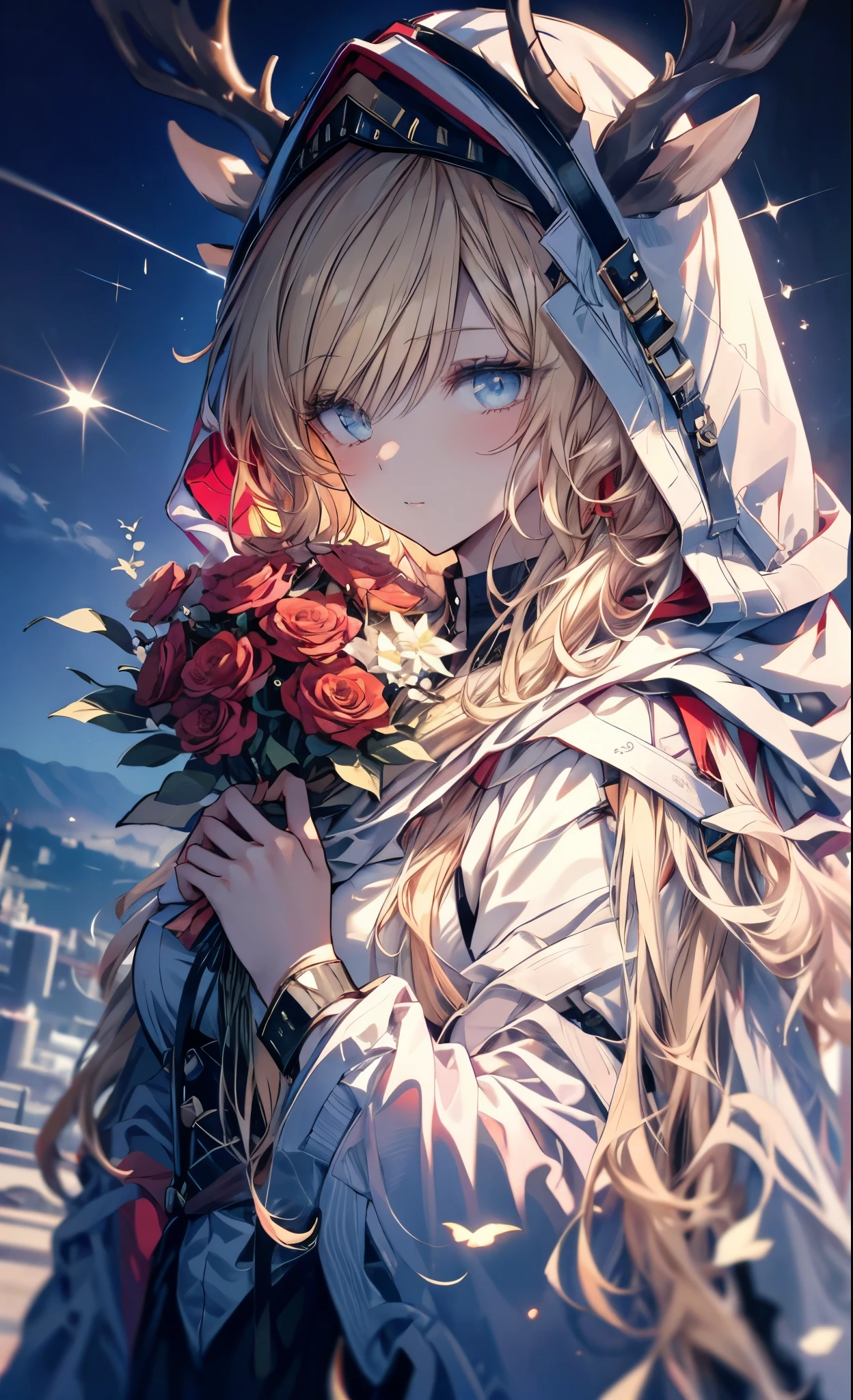 (masterpiece:1.2)、(Top quality)、4K、Ultra Detail、(Movement components:1.4)、Very colorful details、(Rainbow Colors:1.2)、(Luminous lighting、Mood lighting)、Like a dream、magic,absurd, high resolution, (official art, Beautiful and beautiful:1.2), Best quality,(solo:1.7)、Ultra Detailed,Bright colors、Anime face、Extremely beautiful face and eyes, beautiful images、High level of image quality、Clear image quality、Very beautiful girl、Vast landscape photos、(Two Tanita smiles),(A view of the sky and wilderness from below)、Girl standing in flower field looking up、(full moon:1.2)、(meteor:0.9)、(nebula:1.3)、Mountains in the distance、Tree cutting art、(Warm color Light Source:1.2)、(firefly:1.2),(Goddess of the Stars),(Angelic:1.2),(Holding a large bouquet:1.3),(Hair parted in the middle、Blonde Smooth Straight Hair),Intricate details、Volumetric Lighting、 BREAK 、