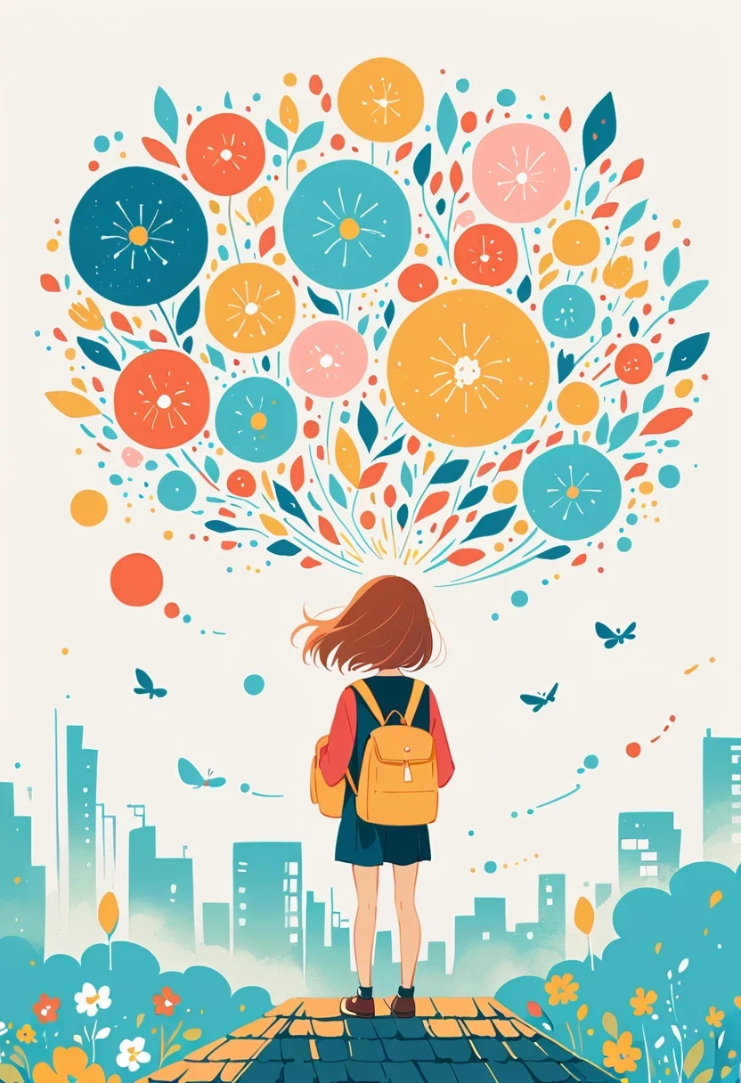 Stand on the rooftop,Girl with backpack on rooftop,The backpack is filled with happy spring,Simple lines,Minimalism,abstraction,City background