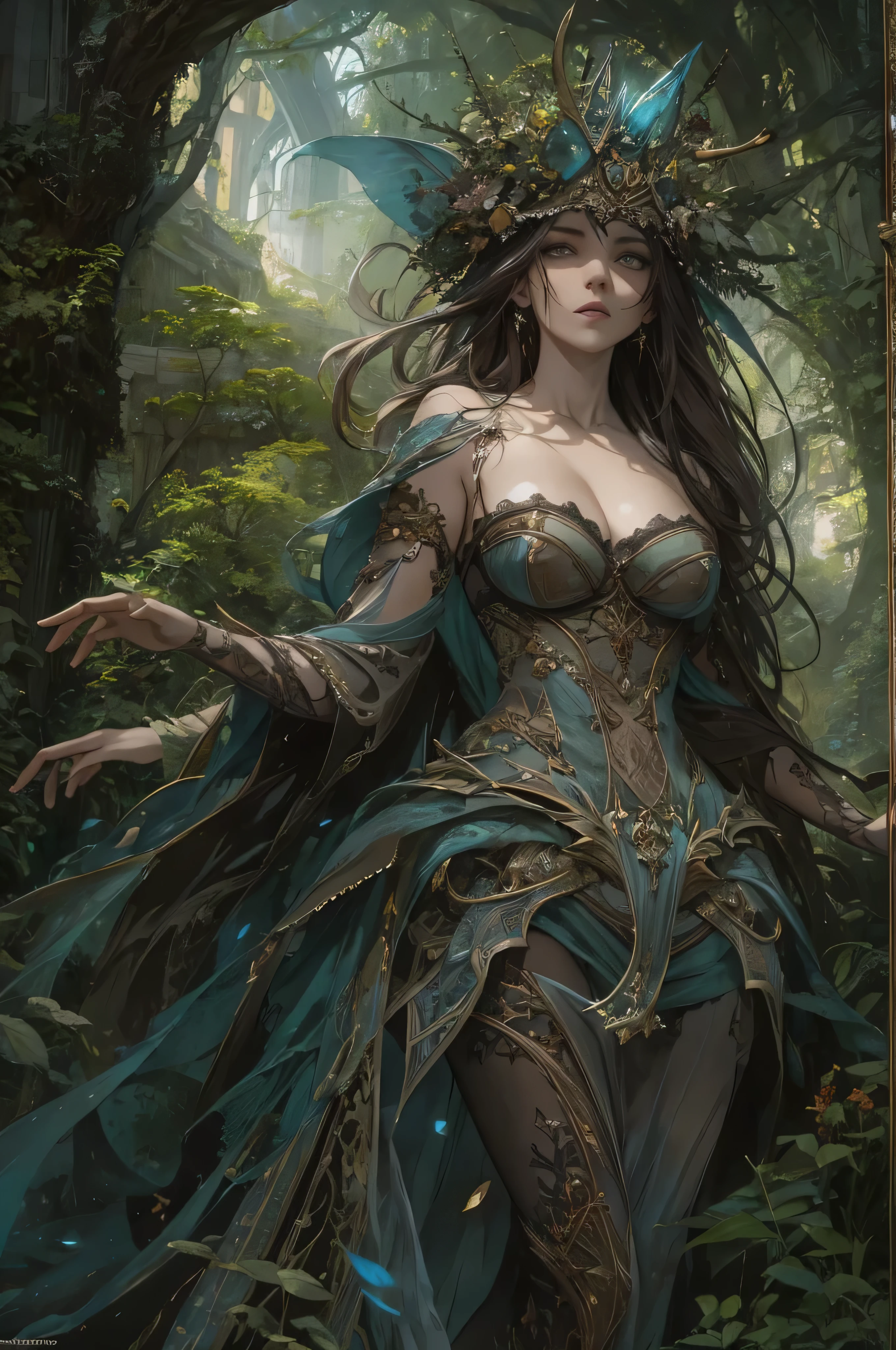 (by Greg Rutkowski: 1.2), (masterpiece), ((best quality)), extremely delicate and beautiful, illustration, (fantasy landscape), A mesmerizing fantasy with enchanting elements blending seamlessly. ((1A girl, Beautiful woman in intricate Vintage Victorian Outfit, cleavage, ((perfect anatomy)), full body shot. A surge of dark magic, gotik,)), A sense of tranquility and wonder fills the air, inviting exploration and discovery. From Brian Froud and Carne Griffiths and Wadim Kashin and John William Waterhouse, 8K post-production, high resolution, hyperdetailed, depth of field, HDR, intricate