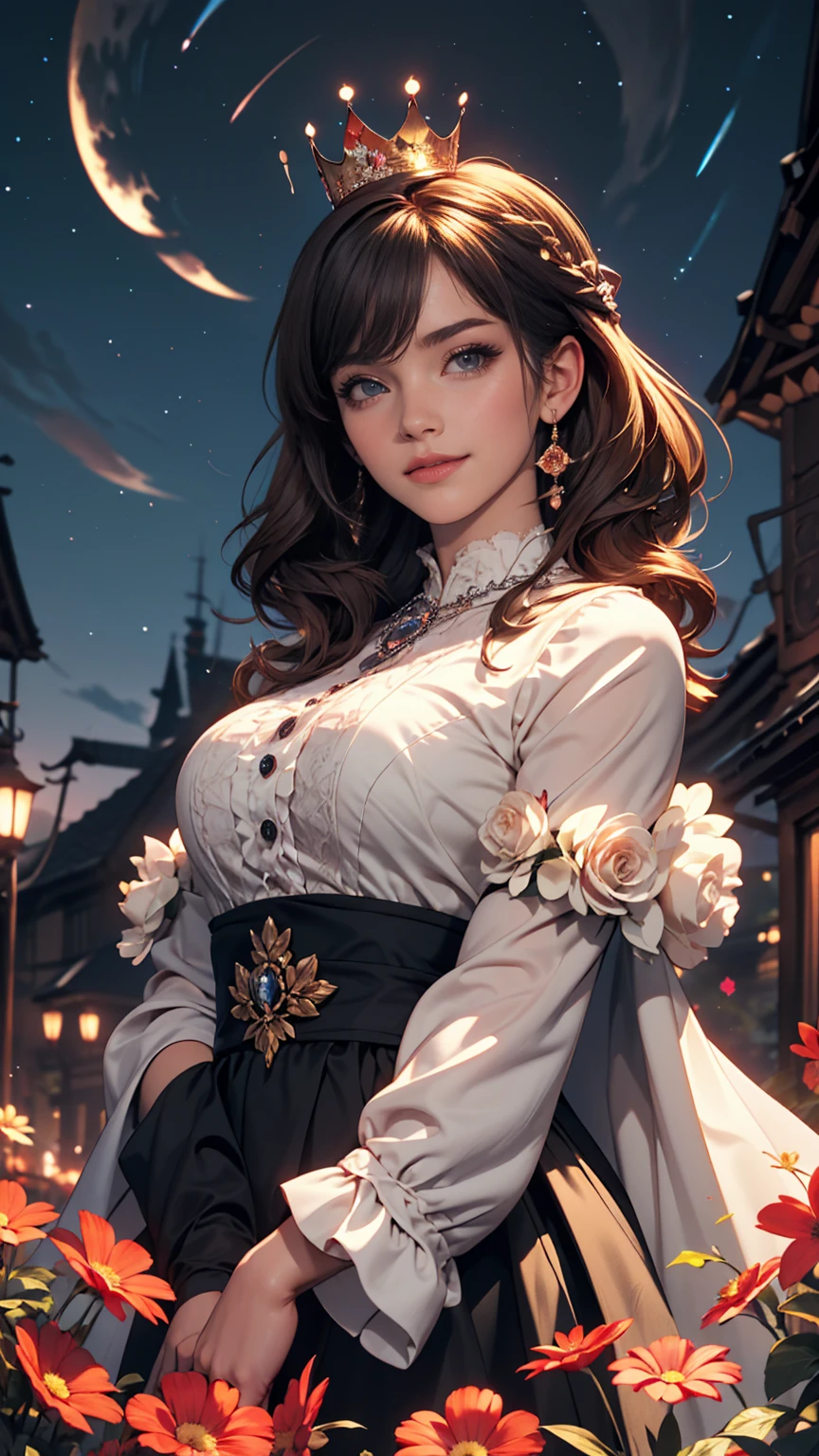 highest quality, expensive_solve, clear_image, Detailed Background ,girl, Random wear,flower, Night Sky,Dutch Angle, Wide Shot,A shy smile, Crown,