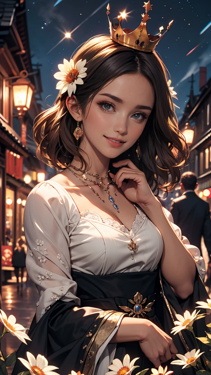 highest quality, expensive_solve, clear_image, Detailed Background ,girl, Random wear,flower, Night Sky,Dutch Angle, Wide Shot,A shy smile, Crown,
