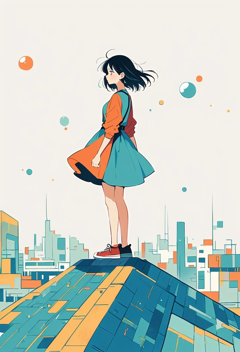 Stand on the rooftop，Girl on the rooftop，Simple lines，Minimalism，abstraction，City background
