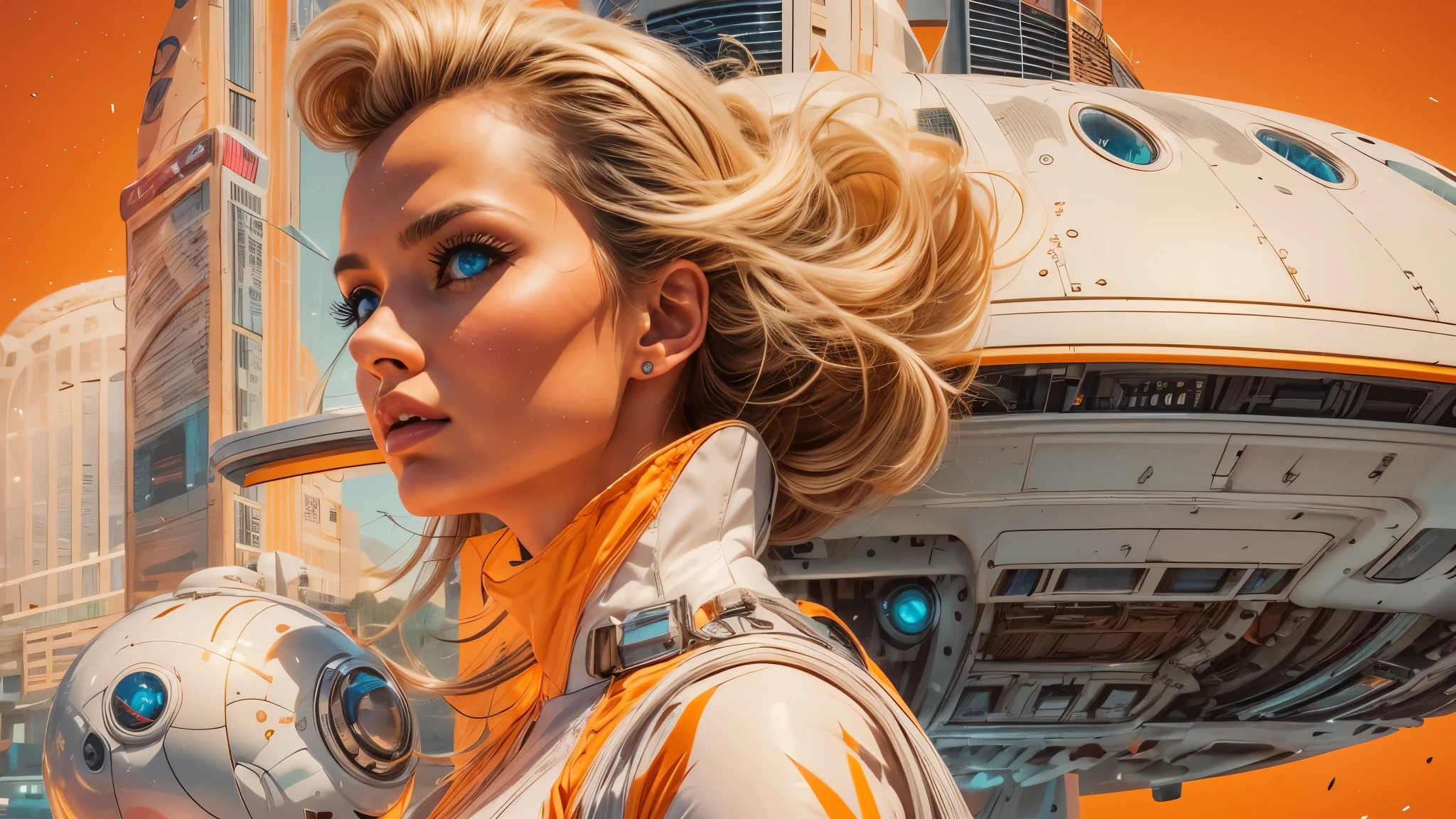 arafed image of a white woman in a futuristic suit with a spaceship in the background, movie art, in front of an orange background, inspired by Robert McGinnis, female protagonist, megastructure in the background, portrait of an ai astronaut, astronauts, an astronaut, portrait of a astronaut skeletor, perfect android girl, detailed eyes, perfectly detailed teeth, frank franzzeta and sakimichan