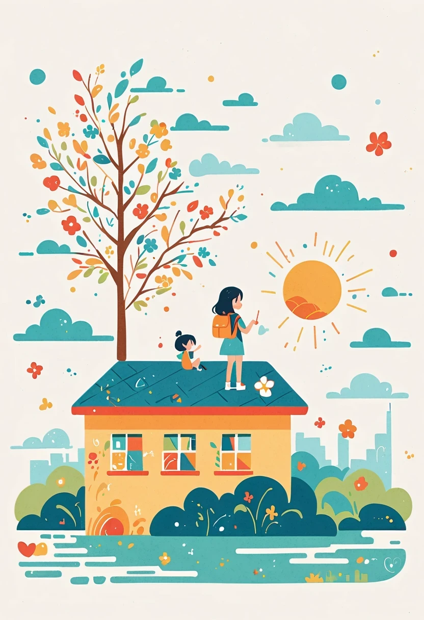 Stand on the rooftop,Girl with backpack on rooftop,The backpack is filled with happy spring,Simple lines,Minimalism,abstraction,City background