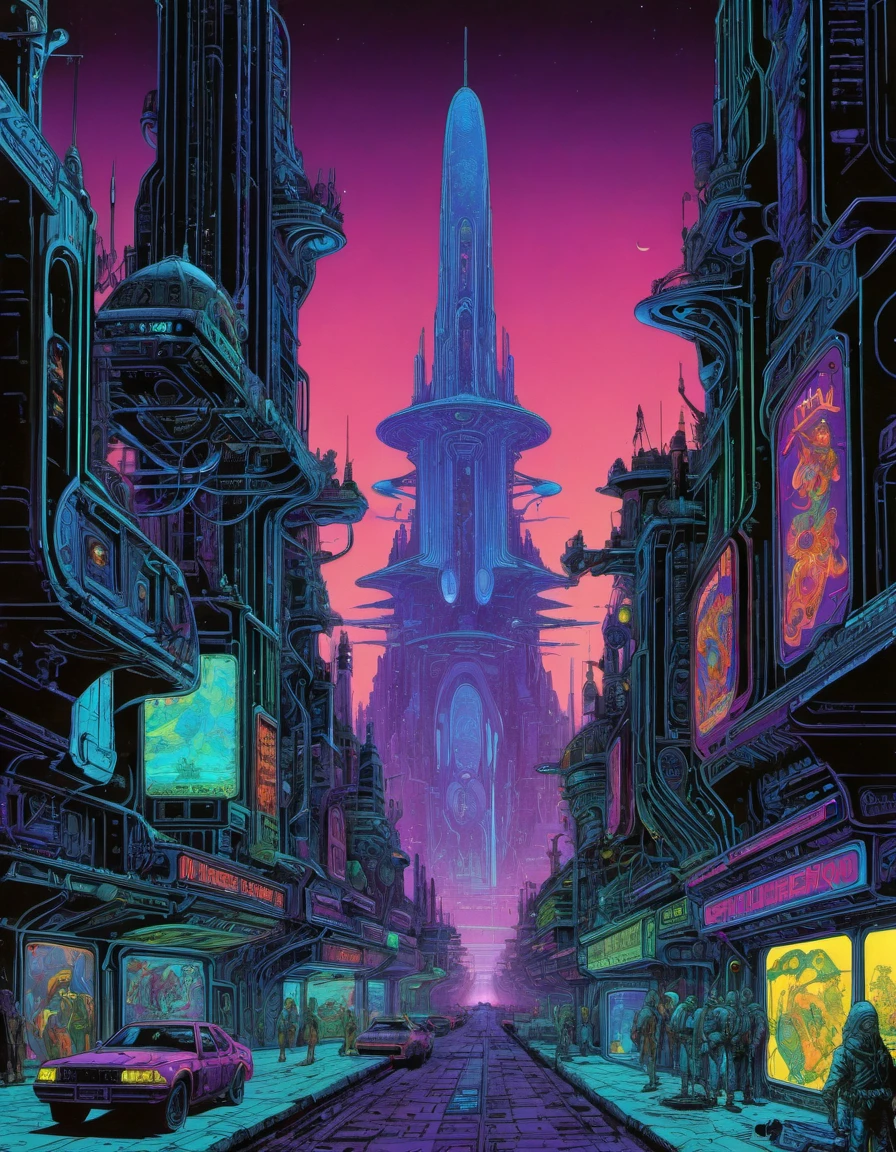 moebius,druillet inspired heavy metal art a futuristic city during a neon-lit night , each building holds a different ecosystem, from high-tech metropolis to traditional markets, the contrast in colors and textures should be distinct surreal,dramatic lighting,sense of motion,grainy texture,highly detailed