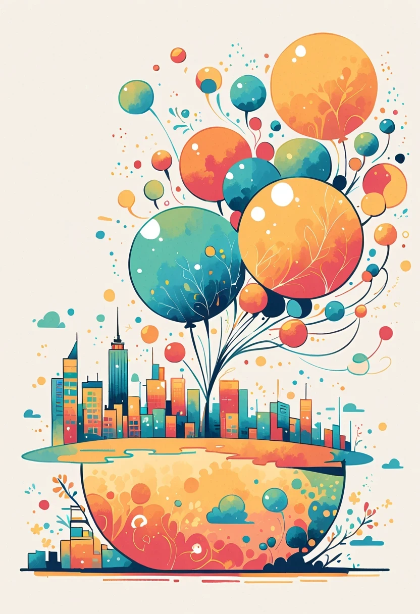Standing on the tongue of heaven,Girl with backpack on rooftop,The backpack is filled with happy spring,Simple lines,Minimalism,abstraction,City background