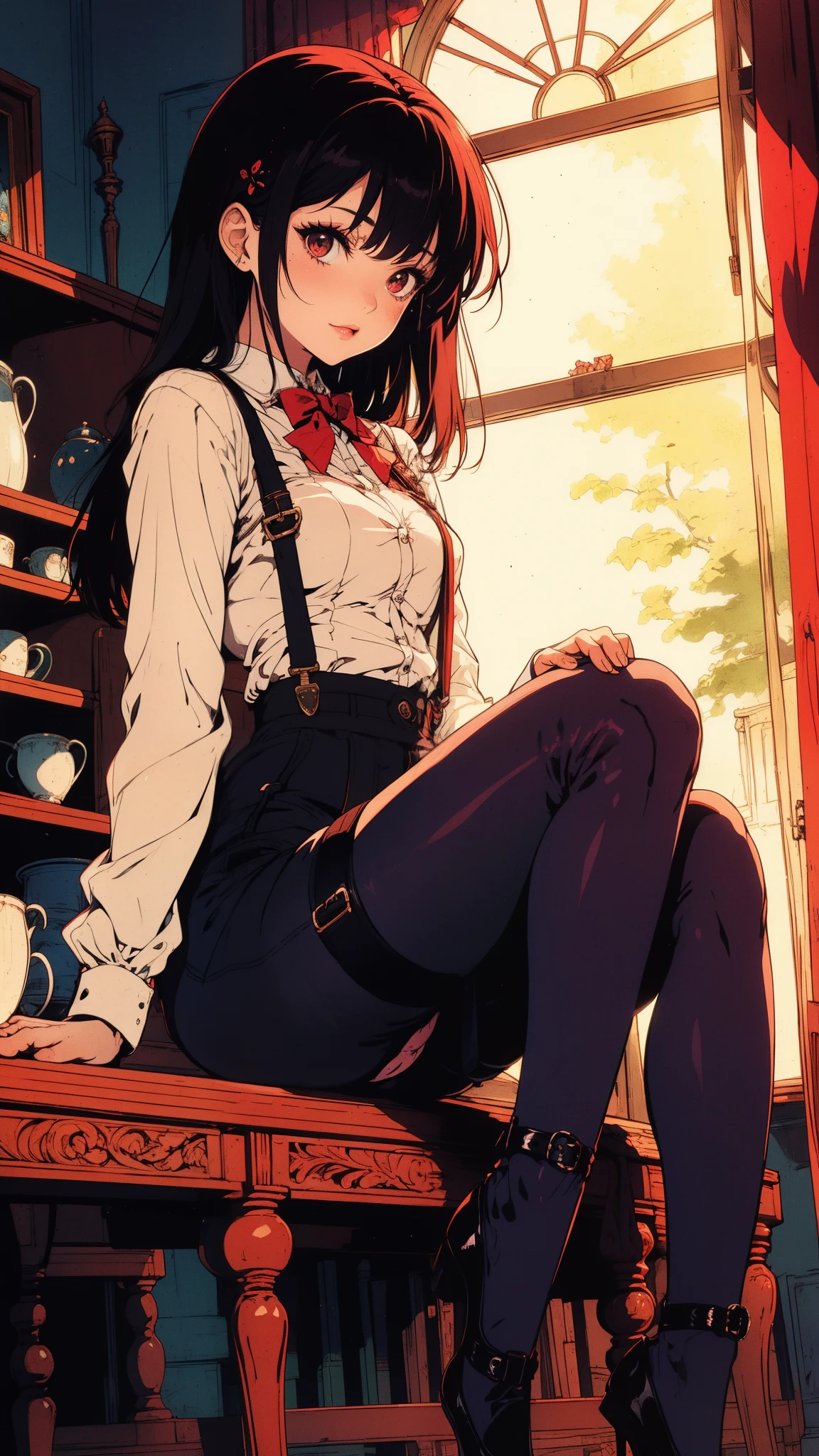 ((Best quality)),ultra detailed, Young woman, Succubus, stockings with suspenders, playful look, long sleeves, leg on leg, sitting table 