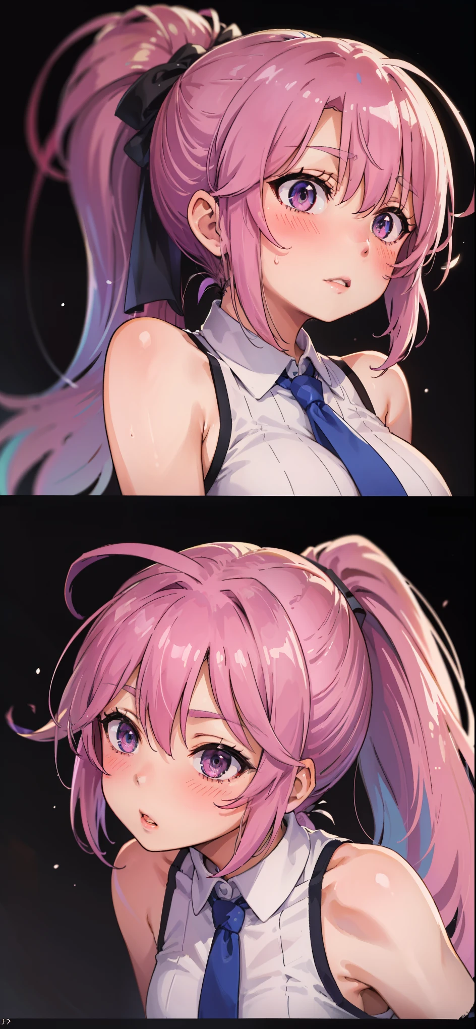 Jibril, (standing), blushed, perfect anatomy, detailed eyes, detailed lips, extremely detailed eyes and face, vivid colors, sharp focus, masterpiece:1.2, ultra-detailed, blushed, ((doggystyle)), (solo), ((tie)), sleeveless, ((((ponytail)))).