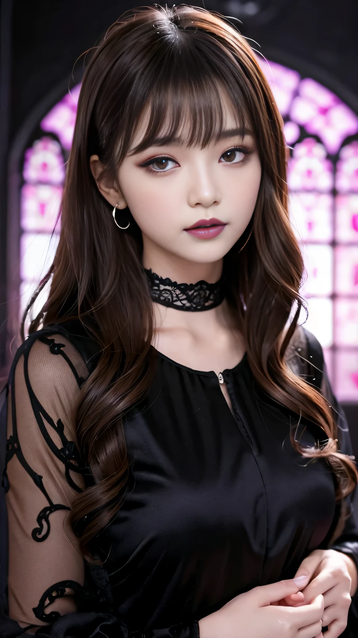 tra-detailed、Japanese、Attractive beauty、seductive adult woman、Pretty Woman、cool girl、brown hair、long wavy hair、swept bangs、piercing eyes、hollow eyes、half-closed eyes、Hollow Eyes、Purple Eyeshadow、black lipstick、black lip gloss、dark makeup、smirk、Evil expression、Black Party dress、Wide sleeves、Evil cadres、Fallen into evil、brainwash、mind control、evil、Church at night、Are standing、
