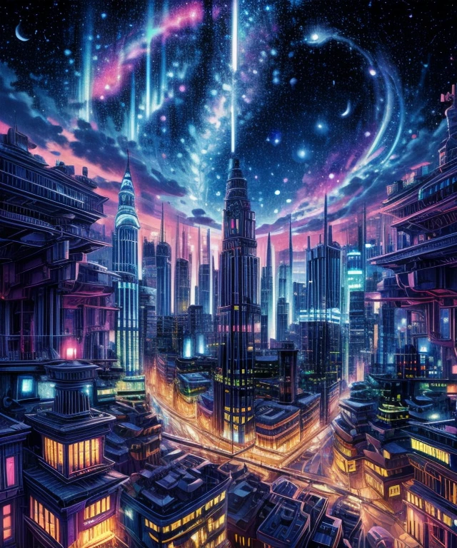 Sheet music playback、Colorful sheet music is played、Cute girl characters、 Night view from a high place、Drawing a large number of skyscrapers, Looking up at the starry sky. Surround her with colorful nebulae and colorful metropolis.