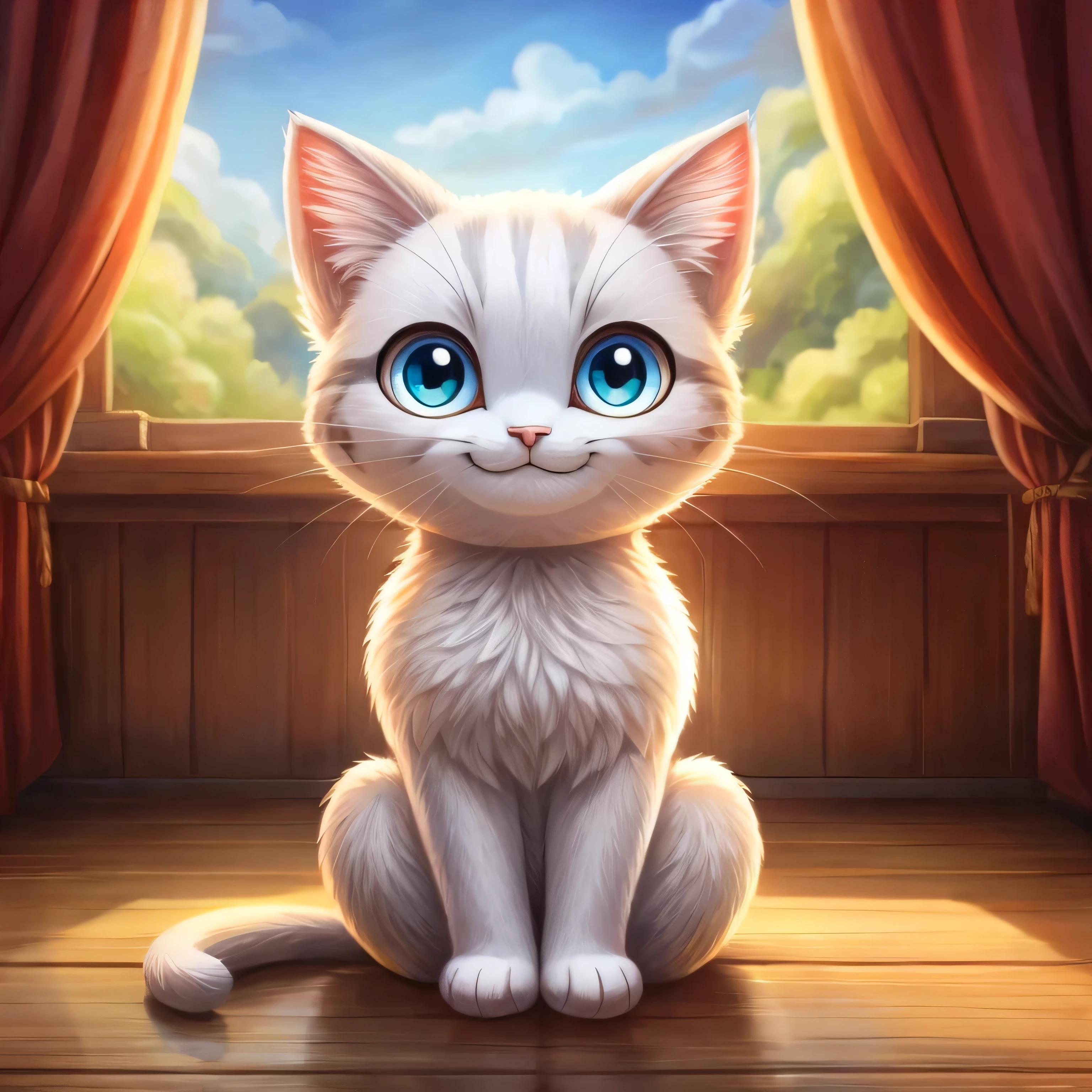 Hyper Detailed image, a very cute cartoon cat sits and looks straight and smiles maliciously