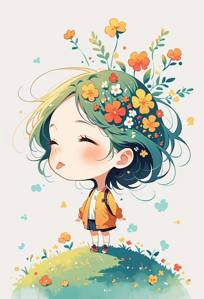 Standing on the tongue of heaven,Girl with backpack on rooftop,The backpack is filled with happy spring,Simple lines,Minimalism,abstraction,Lots of white space