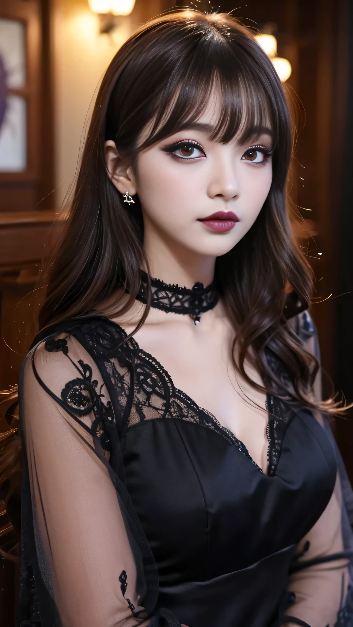 tra-detailed、Japanese、Attractive beauty、seductive adult woman、Pretty Woman、cool girl、brown hair、long wavy hair、swept bangs、piercing eyes、hollow eyes、half-closed eyes、Hollow Eyes、Purple Eyeshadow、black lipstick、black lip gloss、dark makeup、smirk、Evil expression、Black Party dress、Wide sleeves、Evil cadres、Fallen into evil、brainwash、mind control、evil、Church at night、Are standing、