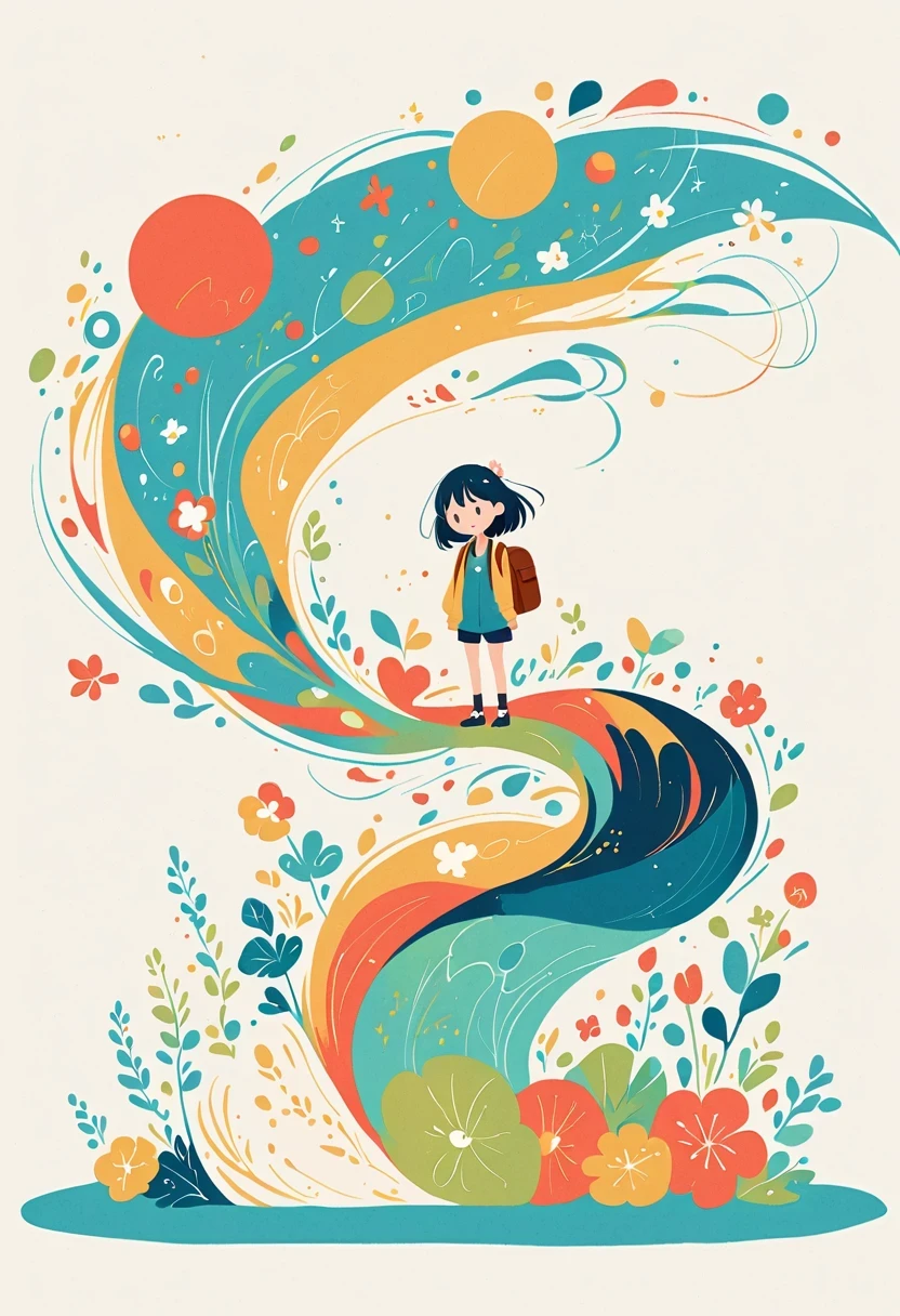 Standing on the tongue of heaven,Girl with backpack on rooftop,The backpack is filled with happy spring,Simple lines,Minimalism,abstraction,Lots of white space