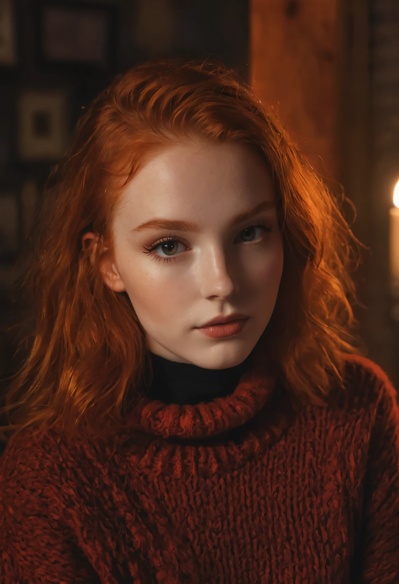 raw photo, (18yo redhead girl:1.2), makeup, graphic eyeliner, rouge, (choker:0.9), realistic skin texture, oversize knit sweater, (red:0.8), softcore, warm lighting, cosy atmosphere, instagram style