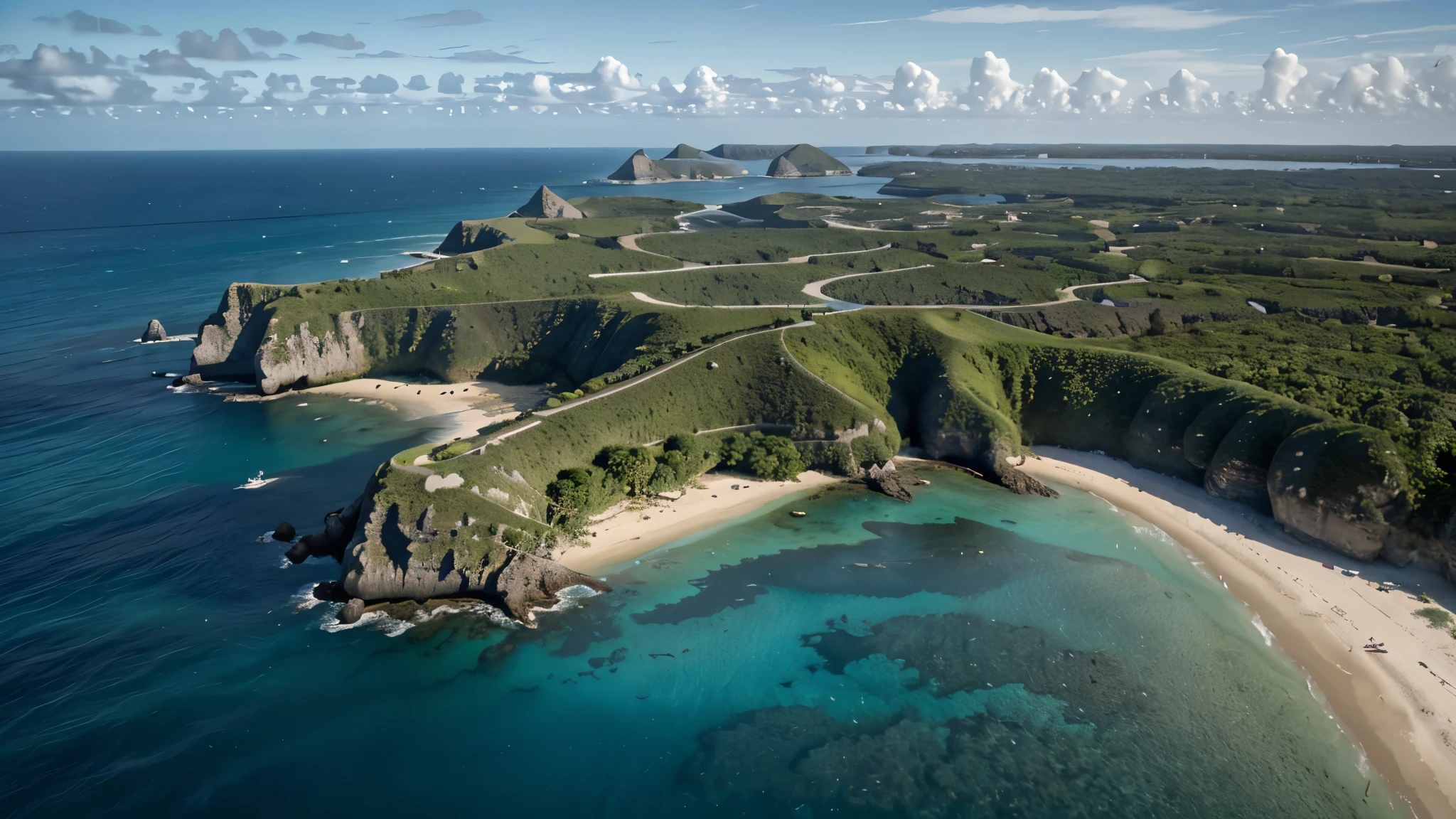 Imagine a spectacular aerial view captured by a drone, révélant des îles isolées dispersées dans un océan d'un bleu profond. Every island is a tropical Eden, avec du sable fin encerclant leurs contours comme des auréoles dorées, contrastant magnifiquement avec l'azur de l'eau environnante. These islands are crowned with dense palm trees, whose green leaves add a richness of color and lively texture to the scene, evoking an oasis of tranquility and'isolement parfait. Il est environ 17 heures, et le soleil, approchant de l'horizon, baigne le paysage d'une lumière dorée et douce. This end light'afternoon accentuates the serene beauty of the islands, with the elongated shadows of the palm trees adding depth and dynamism to the view. Le contraste entre les zones ensoleillées et les ombres crée une dimension supplémentaire, showcasing the unique topography of each island. L'atmosphère est claire, permettant une visibilité parfaite des détails à couper le souffle des îles, depuis les ondulations du sable jusqu'aux vagues délicates frangeant les rivages. La vue d'ensemble offre une perspective unique sur la disposition naturelle et la beauté isolée de ces îles, invitant à la contemplation et à l'évasion. This image is designed to capture the'essence de la découverte et de l'wonder, representing the majesty and tranquility of the island landscapes seen from'en haut. Les éléments naturels - l'eau, le sable, les palmiers, et la lumière du soleil de fin d'aprèidi - s'unissent harmonieusement pour créer une scène à la fois paisible et inspirante, symbolisant la beauté intacte et sauvage de la nature.