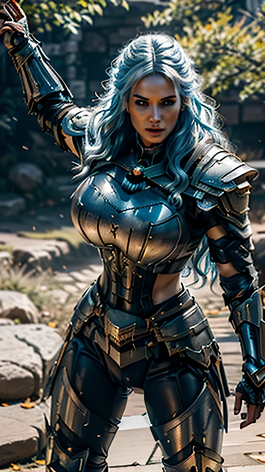 8K,asgard female warrior with very big breasts,Super beautiful(like the real thing),black very large chest armor,realistic skin,luxury black pants,Has a large, long black spear,sexy,muscular slim body,ripped abs,black shoulder armor,black waist armor,black leg armor,desert, rich colors, Backlight, cinematic lighting, film grain, RAW, 50mm lens,nikon D850,ultra high resolution,Super realistic,goddess,battle scene,action scene,action pose,shine a light on the face, long wavy blue hair, the Witcher, the Witcher armor, yennefer