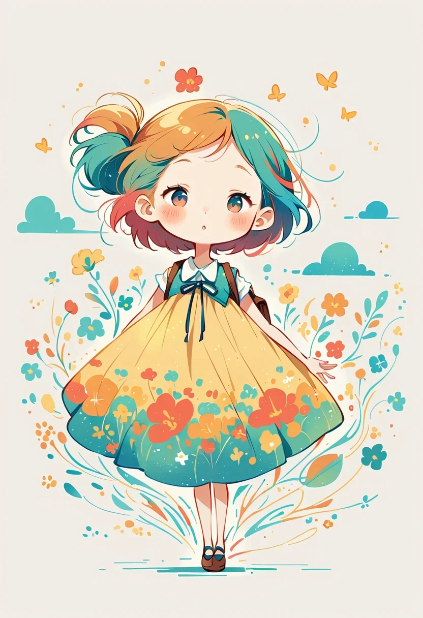 Standing on the tongue of heaven，Girl with backpack on rooftop，The backpack is filled with happy spring，Simple lines，Minimalism，abstraction，Lots of white space