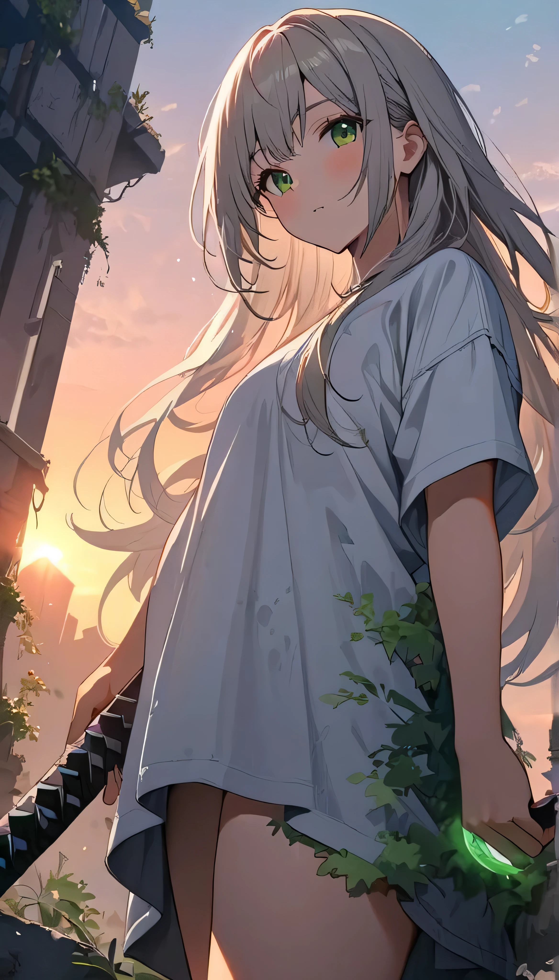 Resolution full, best quality, masterpiece, full HD, beautifull girl, foggy theme, super detailed, 1girl, cute girl, long hair, white light  hair, detailed beautiful green eyes, white T - shirt oversized, holding glowing katana. from below, in ruins, overgrown. Day sky, gradient sky, sunset.  bokeh. Depth of field.